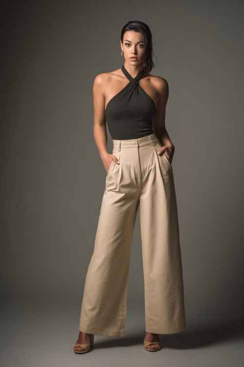 A mid-size woman wearing a fitted halter top with wide-leg trousers and wedge heels, styled for a sleek and flattering silhouette, simple studio background