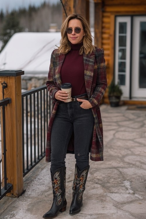 A curvy woman over 40 wears a warm cowboy boots outfit with dark skinny jeans and a burgundy top