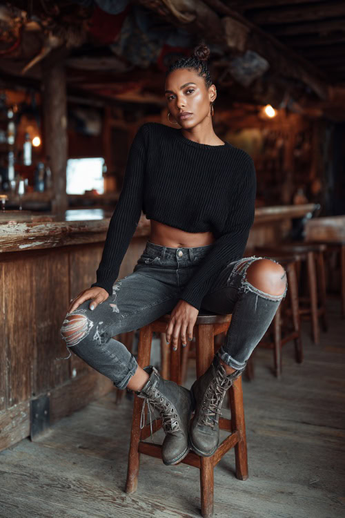 A Black woman wearing distressed jeans, a cropped black sweater, and lace-up ankle boots, sitting casually on a high bar stool inside a rustic fall bar