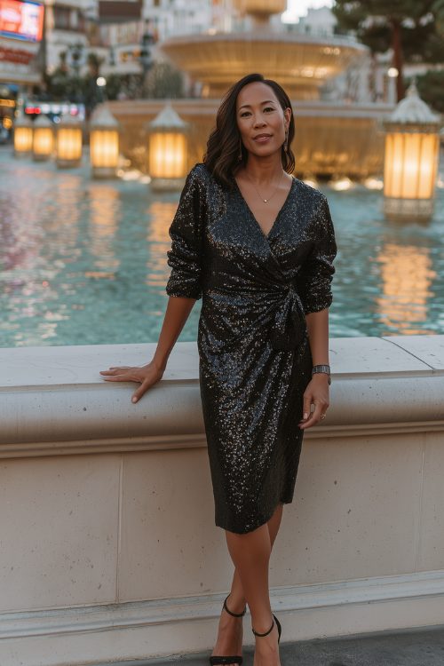 A woman over 40 wears a black sequin midi dress with heels and a wrap