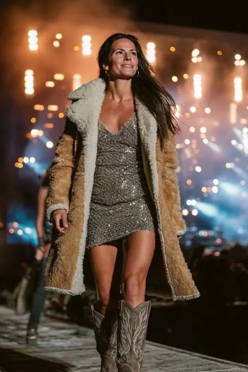 A woman over 40 wears a short sequin dress with a shearling coat and tall cowboy boots under glowing stage lights at a fall night concert