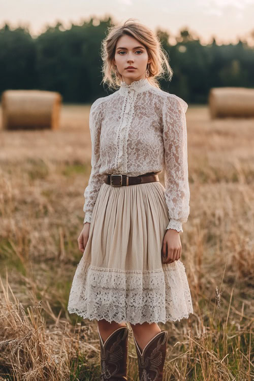 A woman in a lace blouse, a midi skirt, and western ankle boots