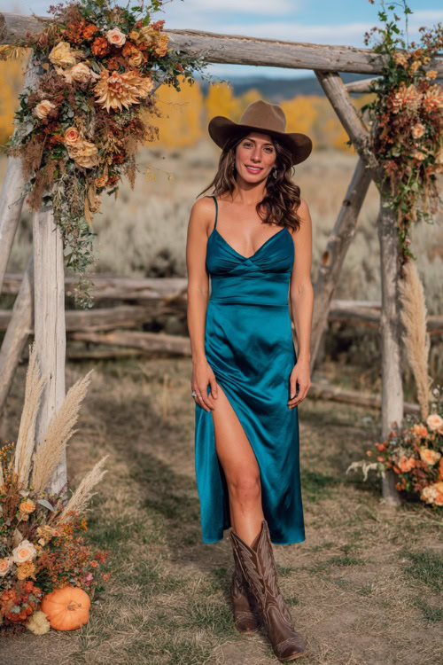 A woman wears a deep teal satin midi dress with a side slit, paired with distressed brown cowboy boots and a wide-brim hat
