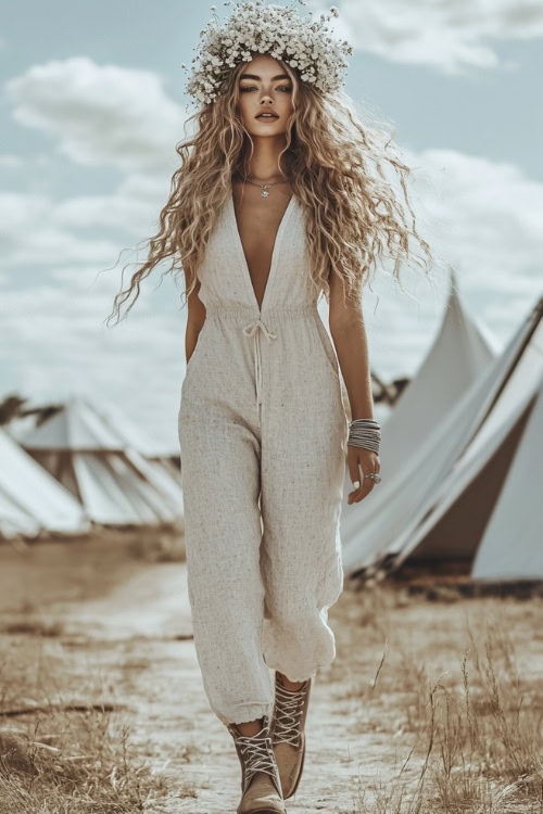 A confident woman in a linen jumpsuit with a floral headband made of baby's breath and wildflowers, accessorized with ankle boots and silver rings