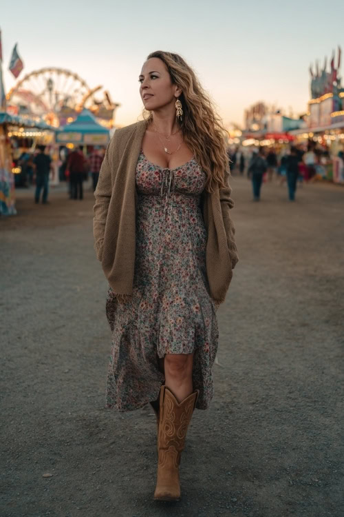 A plus-size woman wears a floral long-sleeve maxi dress paired with a wool wrap coat, suede cowboy boots, and statement earrings
