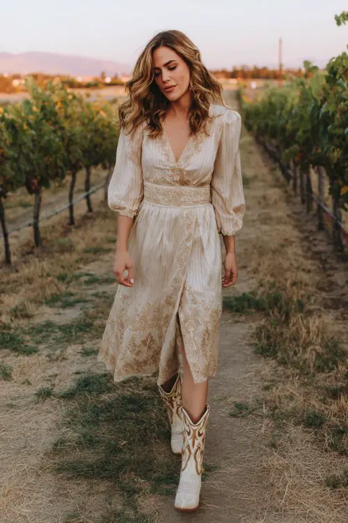 A woman wears a champagne-colored midi dress with embroidered cowboy boots and soft curls in her hair