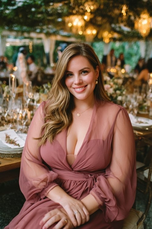 a plus size woman in a dusty rose wrap dress with sheer sleeves, seated at a wedding reception table (2)