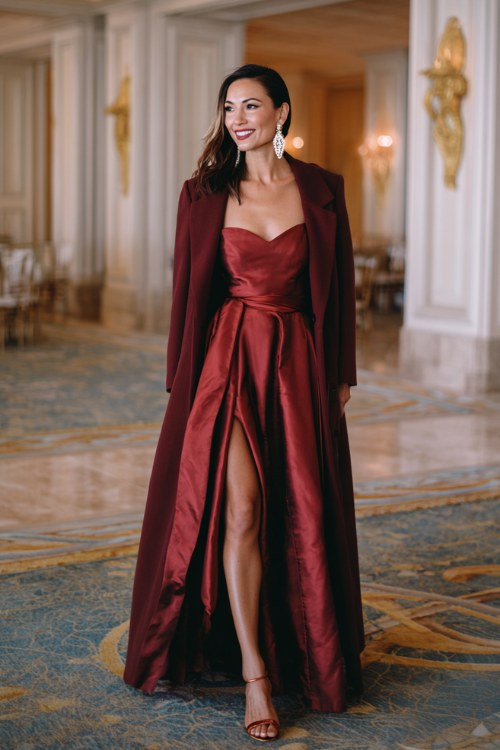 A woman wears a dark red satin gown with a matching longline coat, accessorized with statement earrings