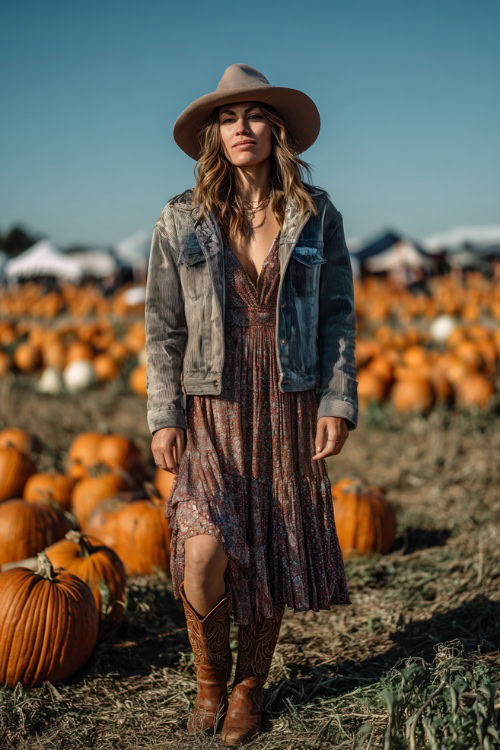 A woman wears a corduroy jacket over a bohemian maxi dress, paired with western boots and a felt hat, standing in a field of pumpkins near a country concert