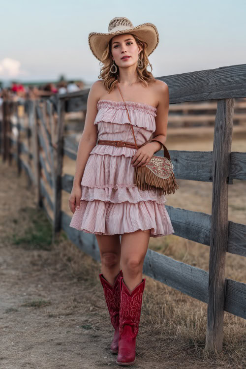 A woman wearing a tiered ruffle sundress in blush pink, paired with red cowboy boots and a fringe bag, accessorized with a straw hat