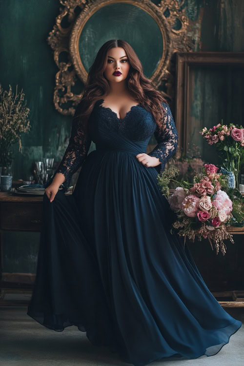 A fashionable plus-size woman in a navy wrap maxi dress with lace detailing, a tulip hemline, and a flowing skirt (2)