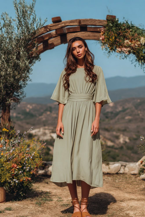 A woman wearing a sage green flowy midi dress with flutter sleeves and tan sandals, standing near a rustic wooden arch decorated with wildflowers