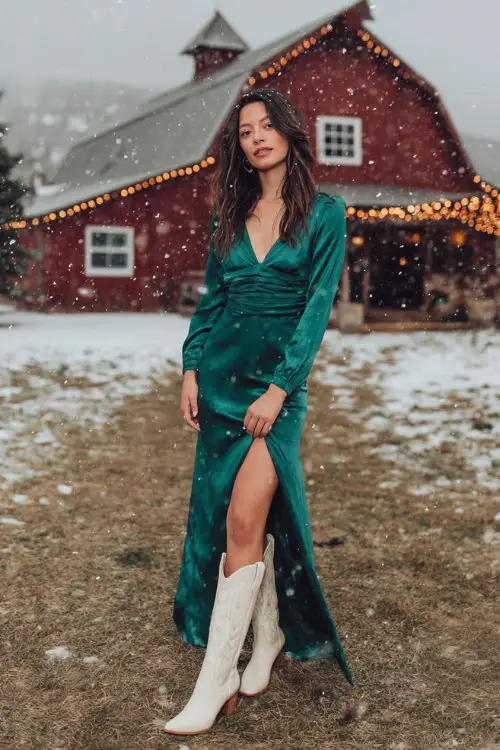A woman wears a long sleeve emerald green satin maxi dress with a thigh-high slit and cream cowboy boots