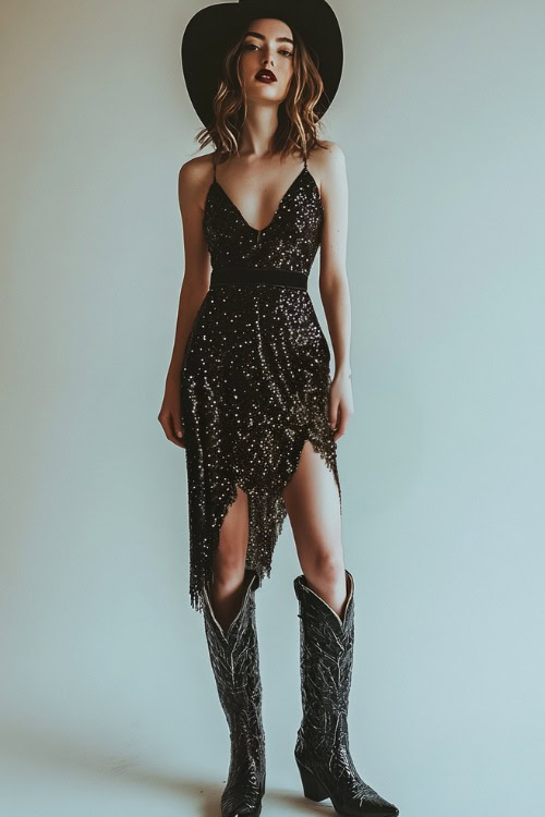 A stylish woman in a black sequin dress, complemented by edgy black cowboy boots, standing against a minimal backdrop