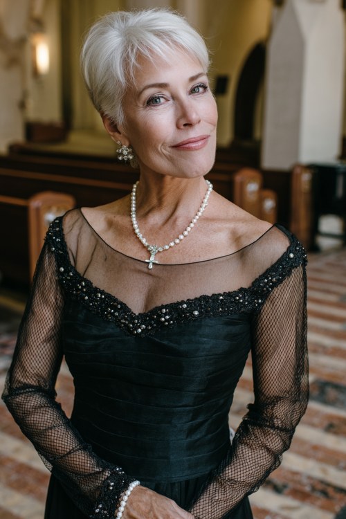 A woman over 50 wears a black chiffon gown with an illusion neckline, subtle beadwork, and sheer sleeves, styled with pearl jewelry and classic pumps