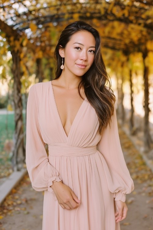 a woman wears a light pink wrap wedding guest dress