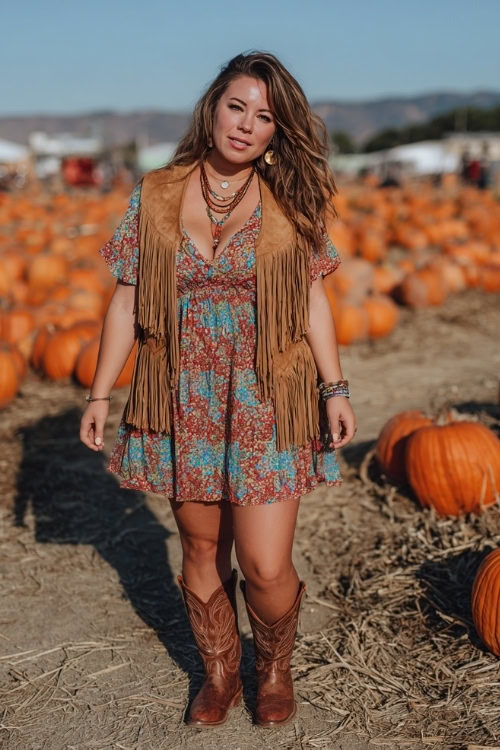 A plus-size woman wears a short bohemian print dress with a fringe suede vest, layered necklaces, and brown cowboy boots, standing in a pumpkin patch concert setup