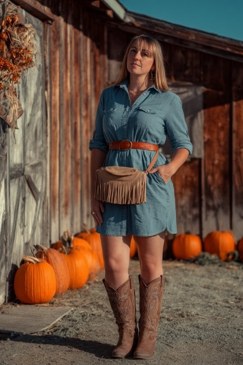 A plus-size woman wears a denim shirt dress cinched with a wide belt, brown cowboy boots, and a fringe crossbody bag, standing by a rustic barn decorated with pumpkins