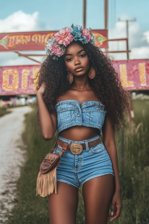 A Black woman in a denim romper styled with a floral headband, cowboy boots, and a fringe shoulder bag, posing in front of festival signage