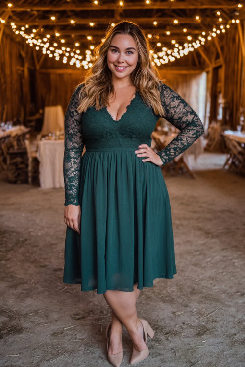A plus-size woman wears a forest green long-sleeve lace midi dress with a fitted bodice and flowy skirt, styled with beige block heels