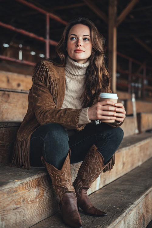 A curvy woman wears a turtleneck sweater under a suede fringe jacket, dark jeans, and pointed-toe cowboy boots, holding a hot drink in a barn concert setting