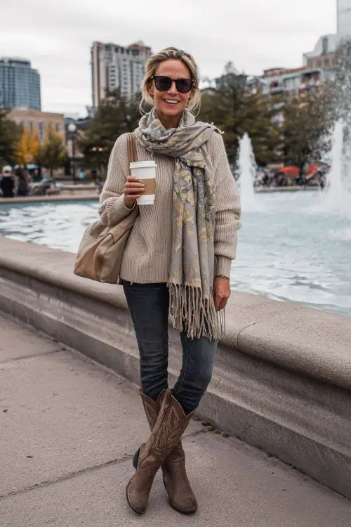 A woman over 40 wears brown tall cowboy boots with a cream cashmere sweater, dark skinny jeans, and a wool shawl