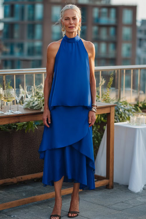 A woman over 50 in a sleeveless cobalt blue dress with a high neckline and layered hem, standing on a rooftop terrace decorated for a wedding cocktail hour