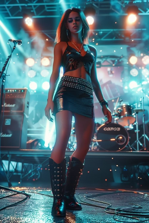 a woman wears shiny top and skirt with black studded cowboy boots