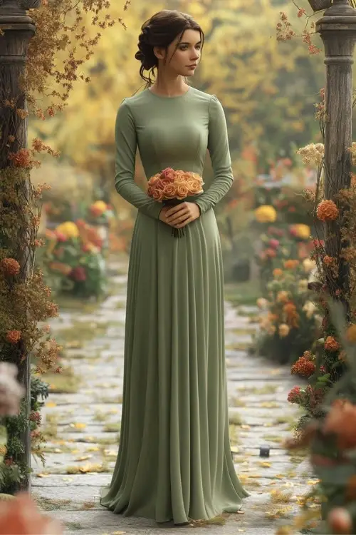 a woman wears a sage green wedding guest dress with long sleeves