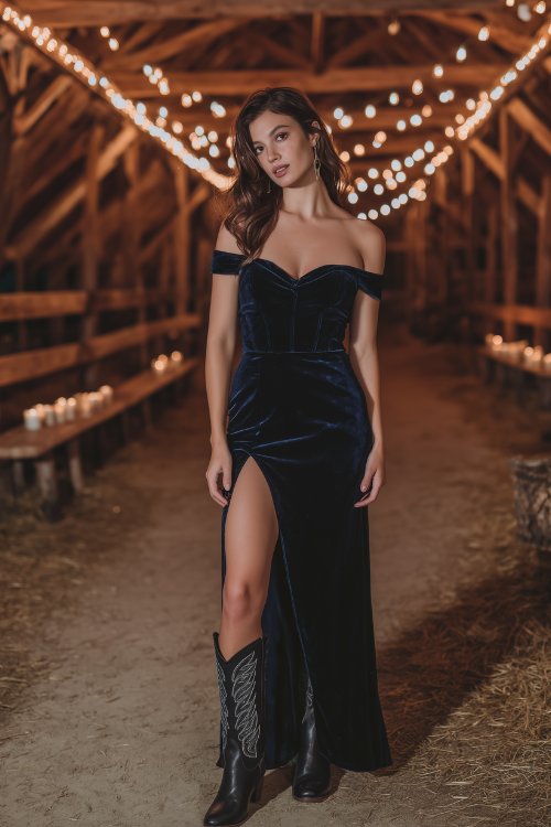 a woman in a navy velvet off-the-shoulder gown with a thigh-high slit and structured bodice, paired with black embroidered cowboy boots
