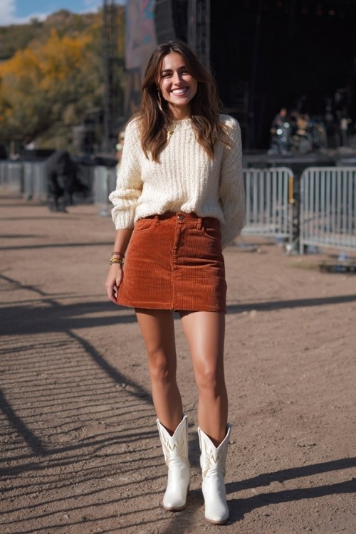 A woman wears a rust-colored corduroy mini skirt with a cream knit sweater and white cowboy boots outfit for a fall concert