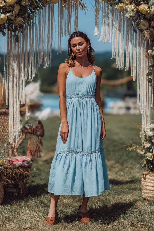 A woman in a light blue sleeveless sundress with a tiered skirt and tan flats, standing near a boho-inspired outdoor wedding arch with macrameÌ details