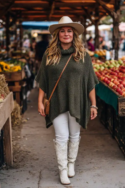 A plus-size woman over 30 wears skinny jeans, a deep green knit poncho, a felt hat, and pearl-stitched white cowboy boots