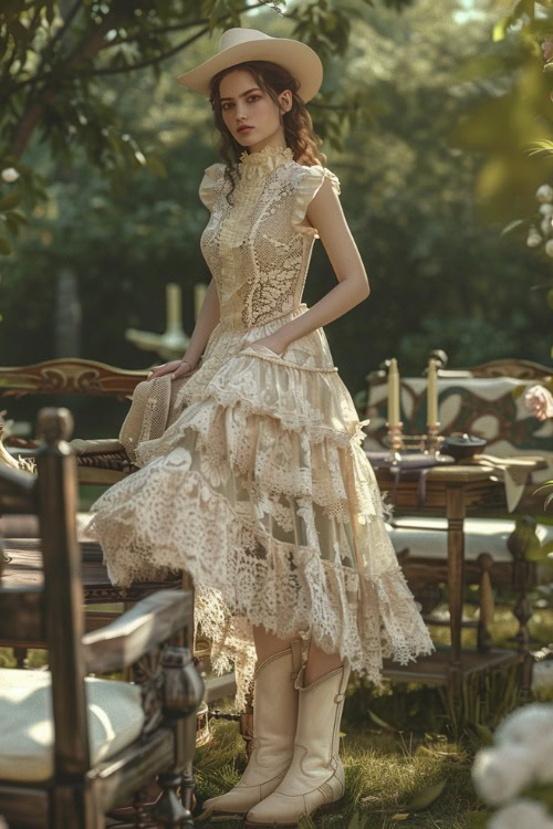 A woman wears white cowboy boots with a classy dress