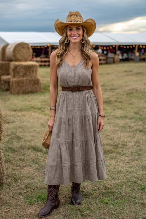 A midsize woman wearing a belted sleeveless midi dress with tiered layers, dark brown cowboy boots, and a straw hat