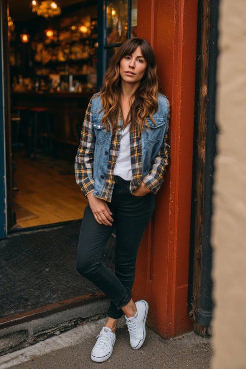 A woman wearing black skinny jeans, a plaid flannel shirt layered with a denim jacket, and white sneakers, leaning against the entrance of a casual autumn bar