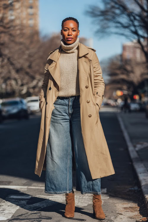 Black woman wearing a camel trench coat, cream turtleneck sweater, wide-leg jeans, and ankle boots, walking confidently down a city street lined with winter trees