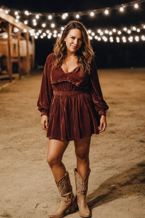 A curvy woman wears a long-sleeve velvet dress with knee-high cowboy boots