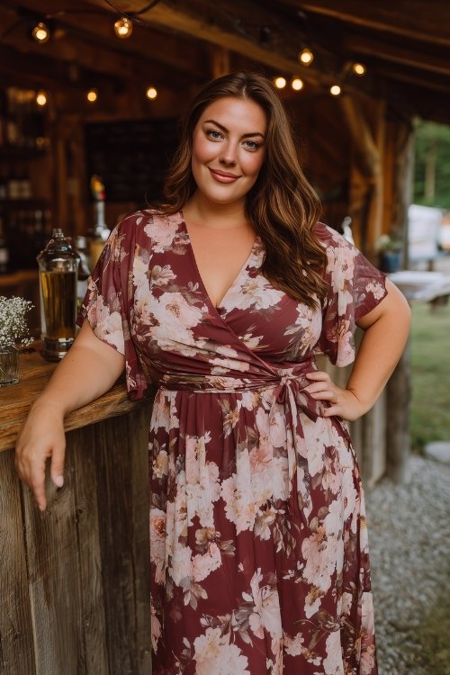 A curvy woman wears a floral chiffon wrap midi dress in burgundy and blush tones with flutter sleeves