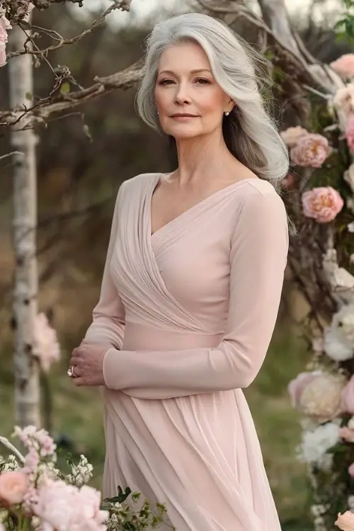 A woman over 50 wears a long-sleeve blush pink wedding guest dress with a wrap-style bodice and flowing skirt
