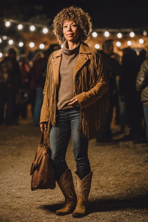 A woman over 40 wears a suede fringe jacket over a knit turtleneck, paired with dark bootcut jeans and cowboy boots, holding a leather bag at a lantern-lit country concert