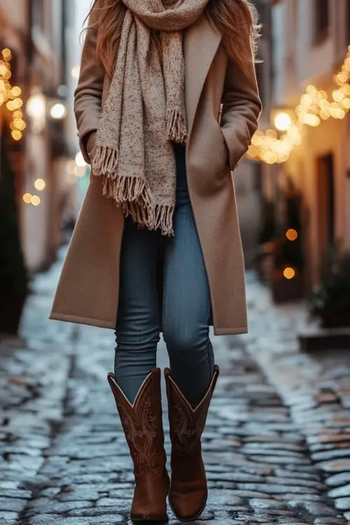A stylish woman in a long, camel-colored wool coat, chunky scarf, and tall brown cowboy boots with intricate stitching details