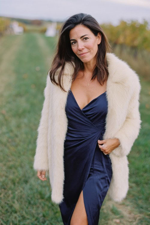 A woman in her 40s wears a navy wrap dress with a thigh slit and a soft cream fur coat