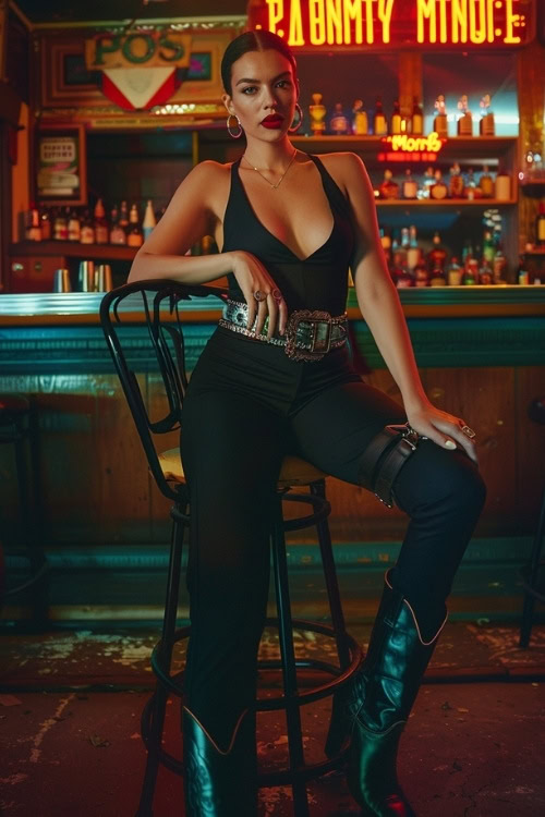 a woman wears black outfit and black cowboy boots