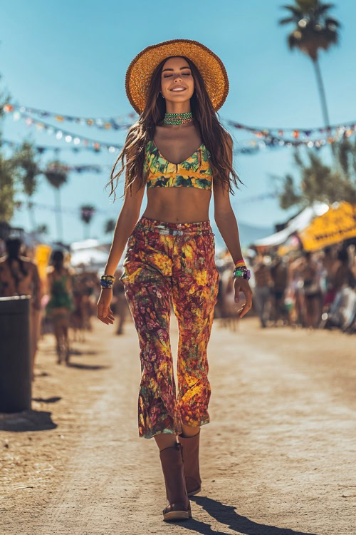 A playful festival-goer in a bright printed crop top and flowy split-leg pants, accessorized with ankle boots and a sunhat