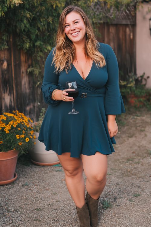 A plus-size woman wears a fitted short dress in dark teal with a flared hem and booties