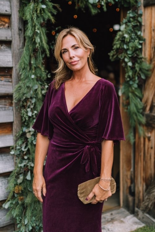 a woman over 50 in a plum velvet wrap midi dress with flutter sleeves, holding a clutch