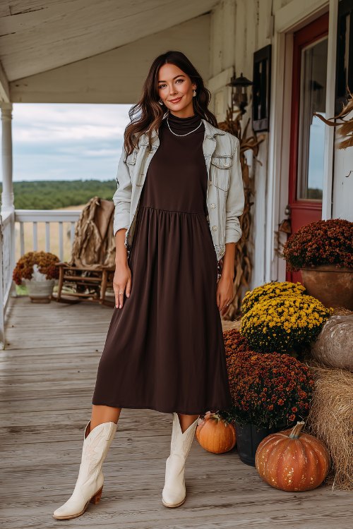 A woman in a chocolate brown A-line dress with a high neckline, layered with a light denim jacket, and paired with ivory cowboy boots