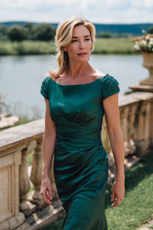 A woman over 50 wearing a fitted emerald green silk gown with short sleeves and subtle ruching, walking beside a lake at an elegant wedding venue