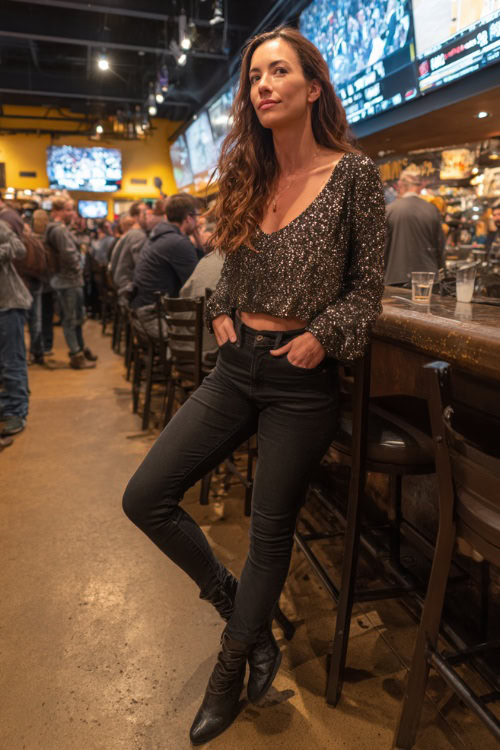 A woman in black skinny jeans, a sequined top, and heeled booties, leaning casually at a fall sports bar with a lively crowd, full body outfit visible